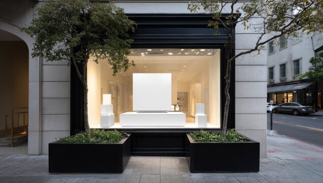 Empty storefront display window with white furnishings and black planters.