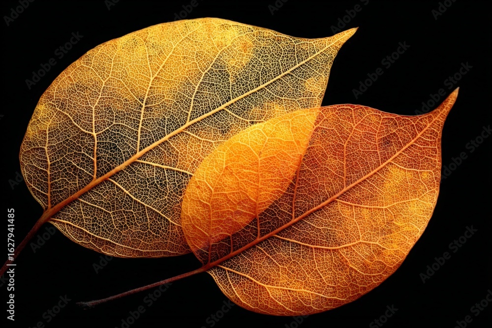 Poster brightly colored autumn leaves display intricate patterns against a dark background in a close-up vi