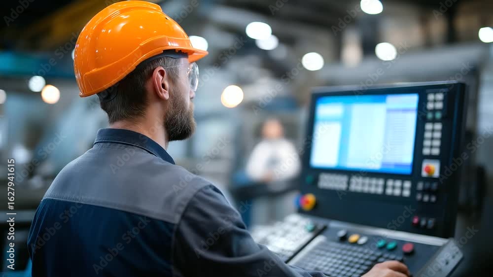 Poster a cnc operator skillfully manages a vertical machining center while monitoring the process on a scre