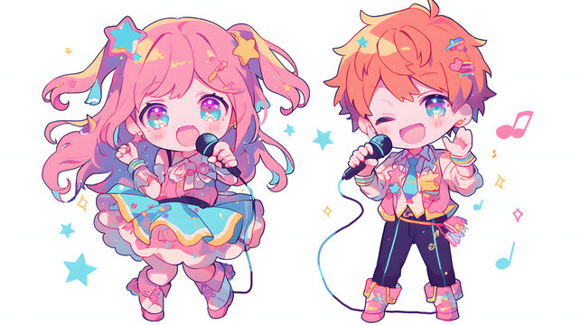 chibi anime idol couple boy and girl singing