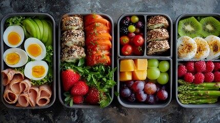 Flatlay of healthy lunchboxes featuring balanced meals with fresh wholesome produce