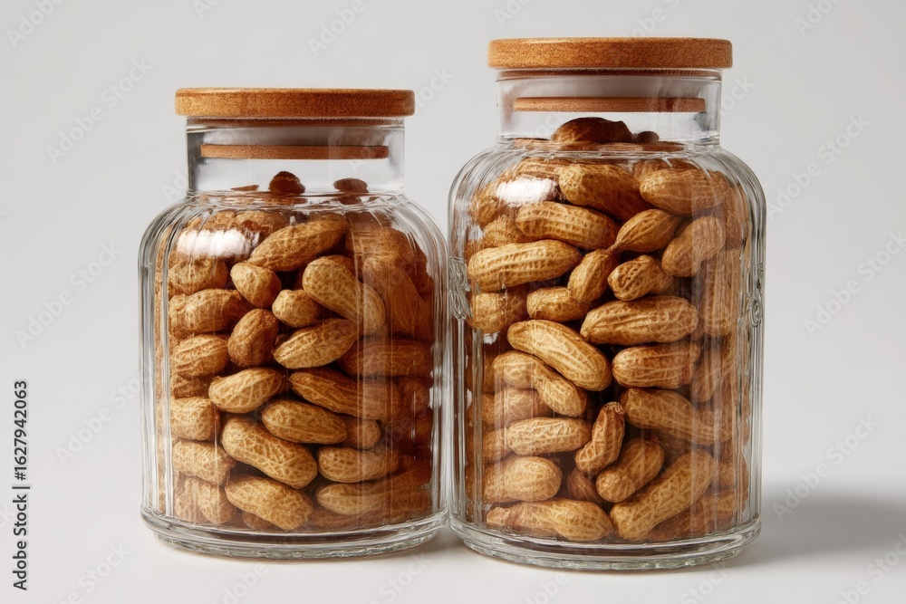 Poster glass jars filled with assorted peanuts on a plain background for ingredient display or recipe use