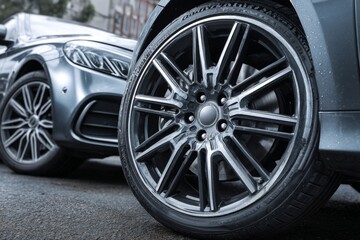 Modern vehicles parked on urban street showcasing sleek wheels and stylish design in daylight