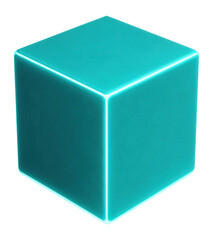 Fototapeta premium Turquoise glowing cube with softly rounded edges on transparent background.