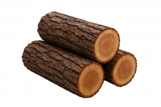 Stacked Natural Wood Logs with Detailed Bark Texture and Visible Growth Rings, Isolated on Black