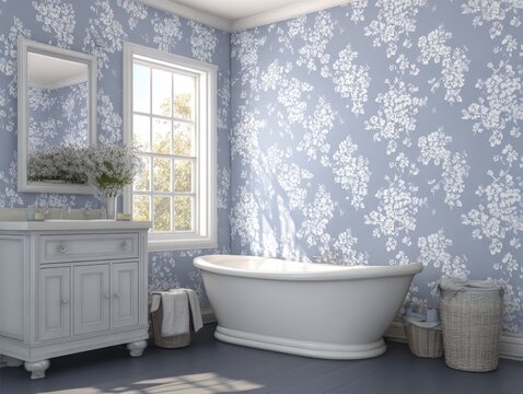Fototapeta Light-filled, classic bathroom with floral wallpaper