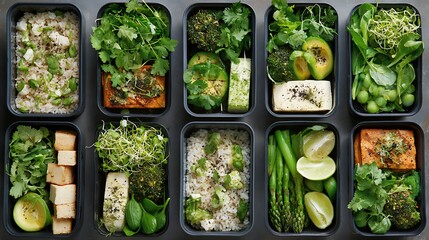 Flatlay of healthy lunchboxes arranged neatly with fresh greens and grains