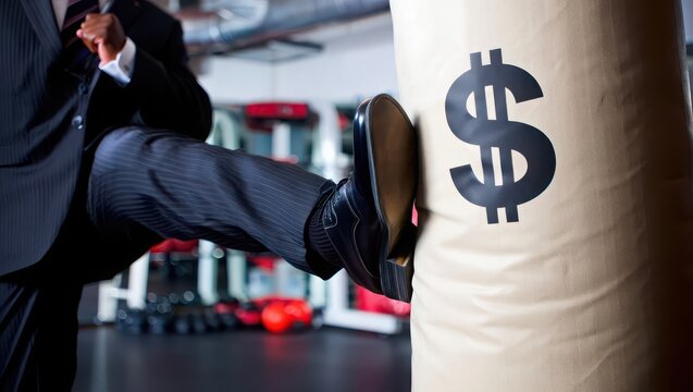 Businessman Kicking Dollar Sign Punching Bag in Gym Fitness Training