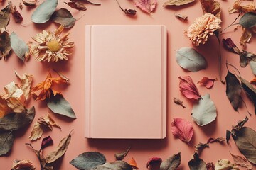 Pink book surrounded by dried flowers and leaves