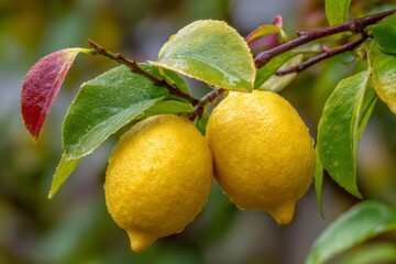 Freshly ripened lemons hanging from a branch after rain in a backyard garden