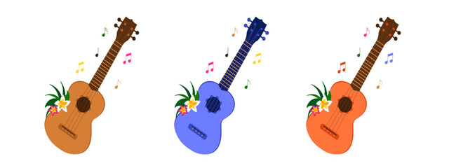 Set of guitars decorated with flowers isolated on white background. Romantic music. 3D vector illustration.