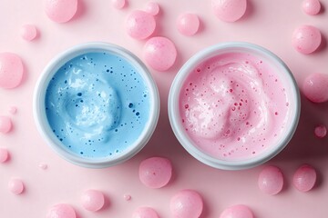 Two pastel creams, pink and blue, with spheres around