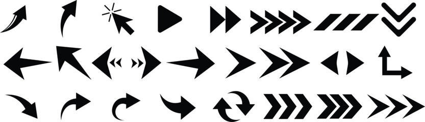 Arrow icon set isolated on white background.Black arow icon set vector silhouette design isolated on white background.Illustration vector graphic a set of arrow icons.arow set icon vector design