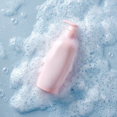 Fototapeta premium White shampoo bottle floating on blue water with bubbles, soft pink pump in focus against light gray background, fresh and clean flat lay