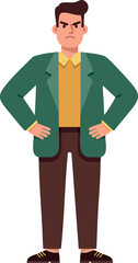 Angry man standing with hands on hips wearing green jacket and brown pants vector illustration 