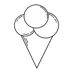 A black and white line art illustration of an ice cream cone with three scoops. Perfect for coloring pages, food-related designs, or children’s books.