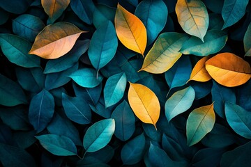 Teal and Gold Leaves, Autumnal Botanical Background