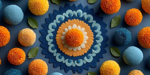 Colorful floral pattern with pom-poms on blue background