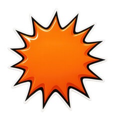 Bright orange starburst shape with glossy appearance and black outline on transparent background.