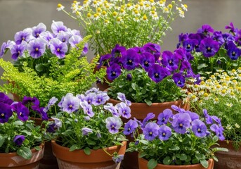 Obraz premium A vibrant display of pansies and chamomile flowers in terracotta pots