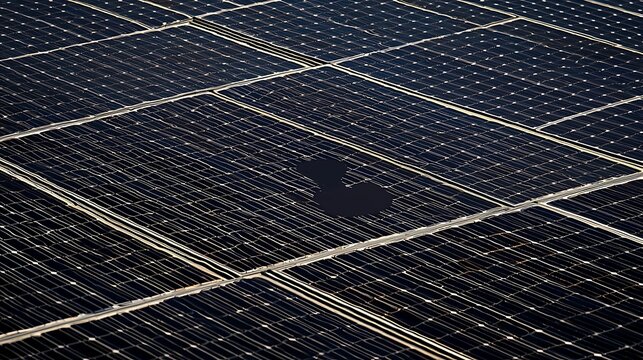 Dark, rectangular solar panels arranged in grid pattern, with a shadowy, irregular shape in the center