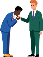 Two business men shaking hands in respectful greeting with formal suits and ties vector illustration 