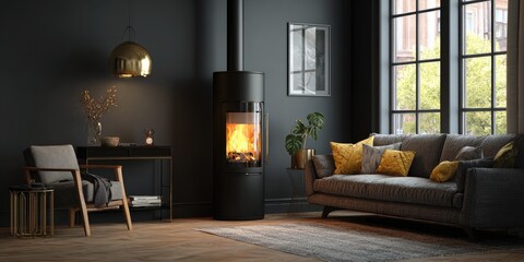 Fototapeta premium Dark, cozy living room with fireplace and large windows