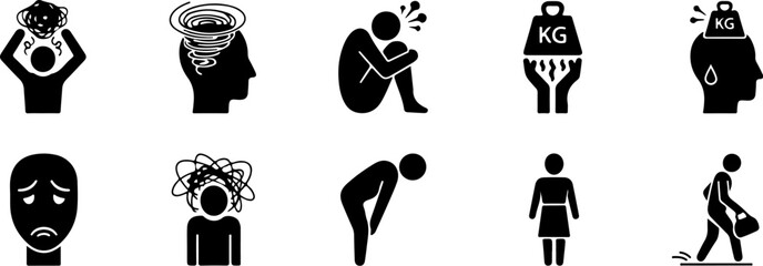 Vector art of collection of icons representing stress, anxiety, and mental health struggles