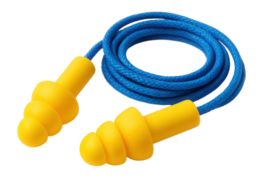 Pair of yellow earplugs attached to a blue cord on transparent background.