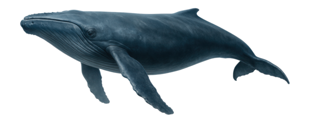 Realistic illustration of a humpback whale with detailed texture and anatomy on transparent background.