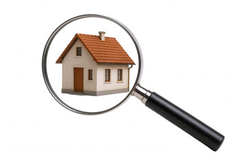 Magnifying glass examining a detailed miniature house, symbolizing property inspection, real estate search, and detailed analysis.