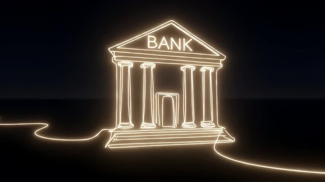 Illuminated Bank Icon: A digitally crafted icon of a classic bank building, rendered in a striking neon style, signifying financial stability and service.