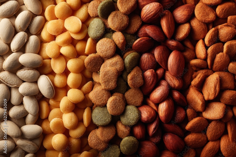Poster Assorted nuts and seeds arranged in colorful rows on a textured surface showcasing variety in shapes and colors during natural light setting