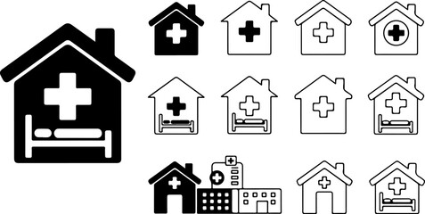 Fototapeta premium Vector art of collection of hospital and medical building icons isolated on white background