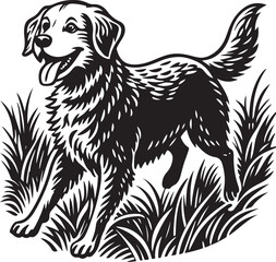 Black and white vector drawing of a dog's head with a flower tattoo illustration