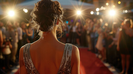 back view of young beautiful woman actress in luxurious dress on red carpet at Venice Film Festival, Cannes, Hollywood, film award, camera flashes, spotlight, model, movie star, celebrity