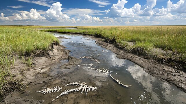 Dried creek bed with scattered animal bones