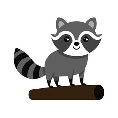 Naklejka premium cute raccoon standing on log doodle style on white