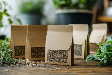 Seed Packets on Wooden Table with Herbs and Plants