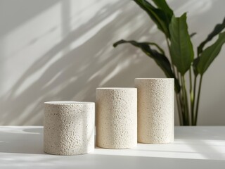 Three concrete podiums of different sizes are arranged on a white surface with a plant and shadows, creating a modern and minimalist product display