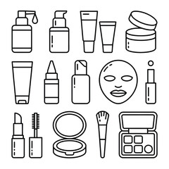 Assorted cosmetic and beauty products in outline icon style makeup cosmetics