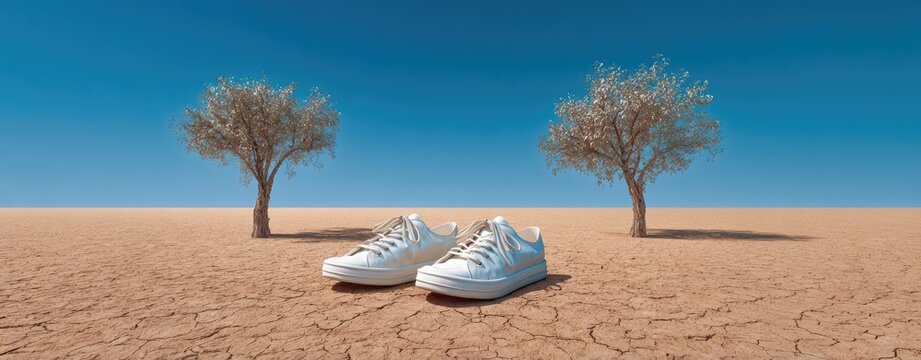 White sneakers on cracked desert ground with two olive trees