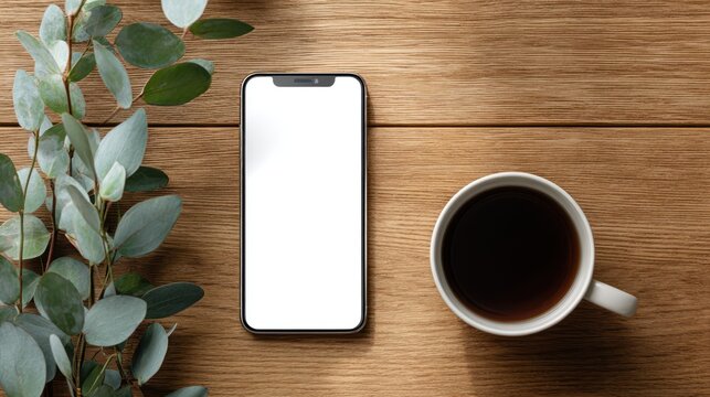 Phone & coffee beside plant on wooden table, top view, leaves in frame