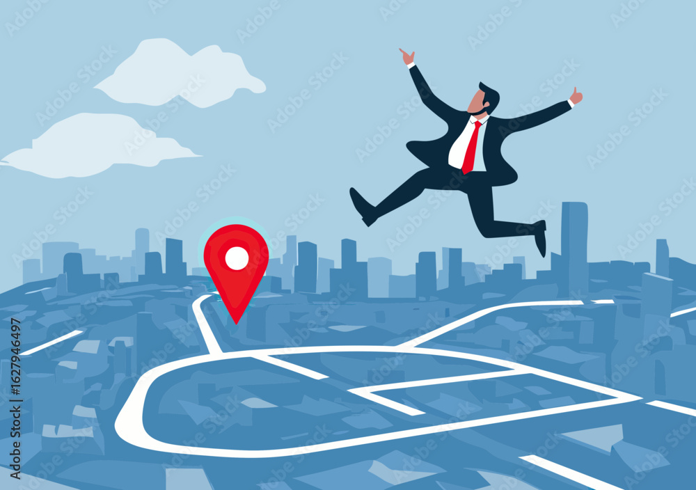 Poster businessman in suit jumping between map navigation pins over cityscape background symbolizing reloca