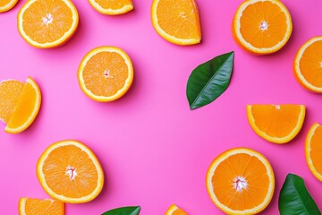 Orange Slices and Leaves on a Vibrant Pink Background