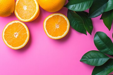 Sliced oranges and green leaves on a pink background