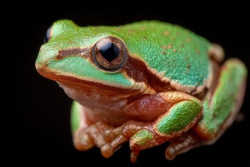 Obraz premium Vibrant green frog poised on a surface in a dark background, showcasing its unique features and colors