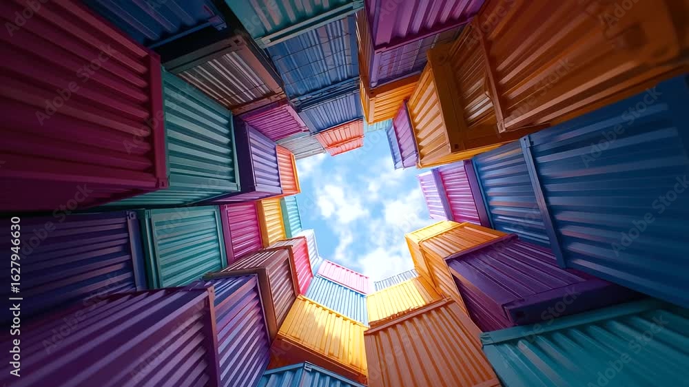 Poster a vibrant vertical column of boxes set against a backdrop of clear sky.