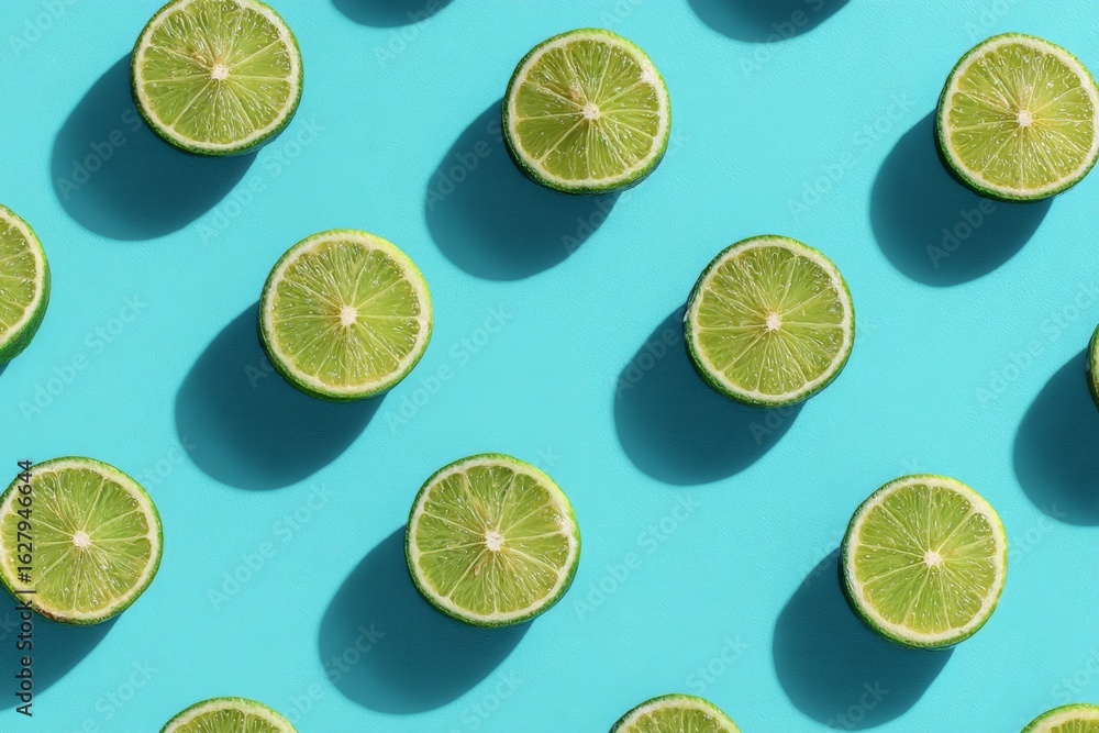 Poster sliced limes arranged in a repetitive pattern on a vibrant blue background highlighting their fresh 