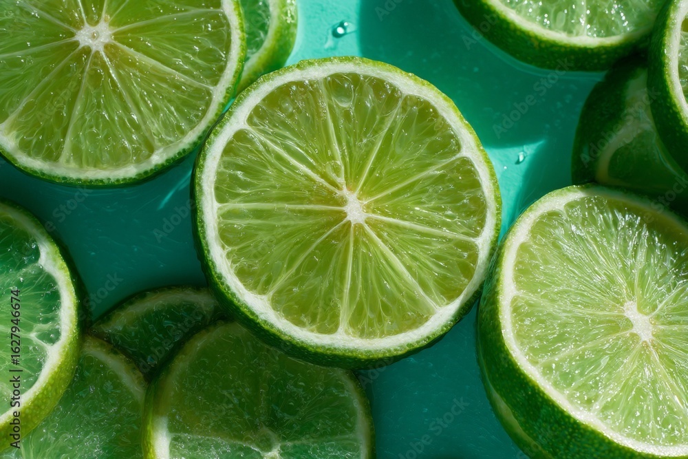 Poster freshly cut lime halves arranged on a bright turquoise surface in a vibrant display of color and tex